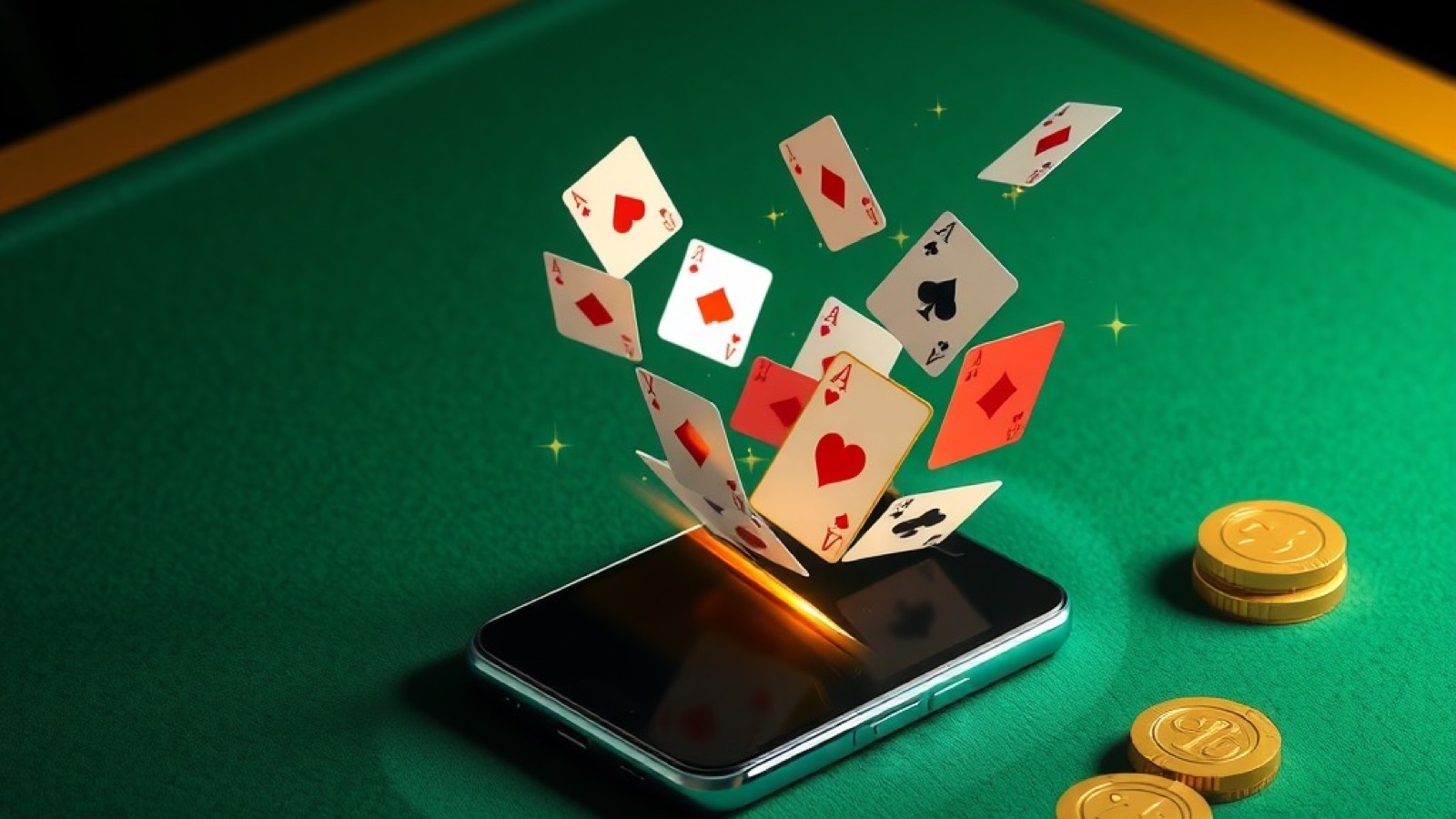 Diwa Rummy app download guide with smartphone standing on a green felt card table with playing cards flying out of the screen