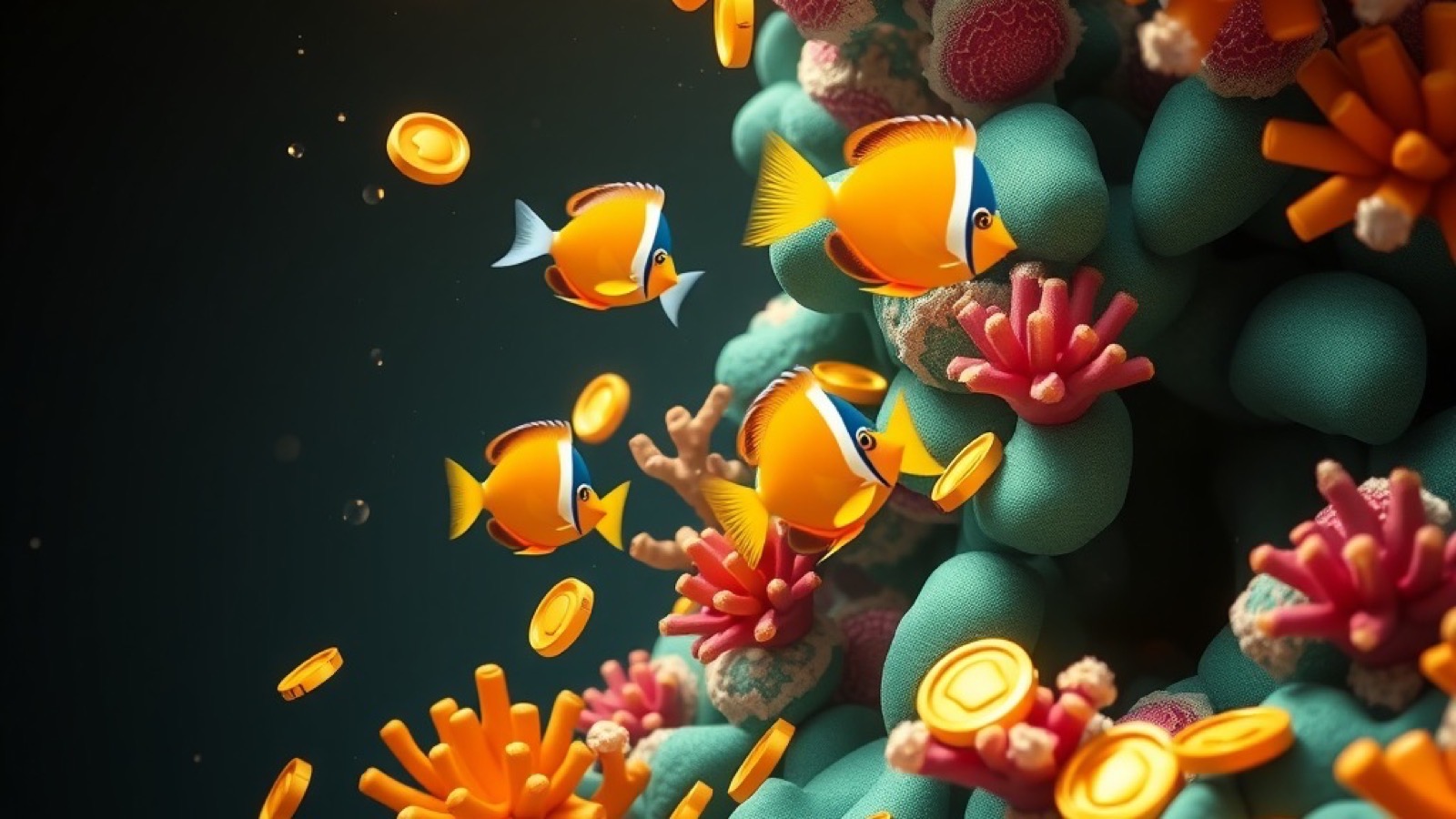 Diwa Rummy fishing games guide with underwater coral reef with colourful tropical fish and drifting gold coins