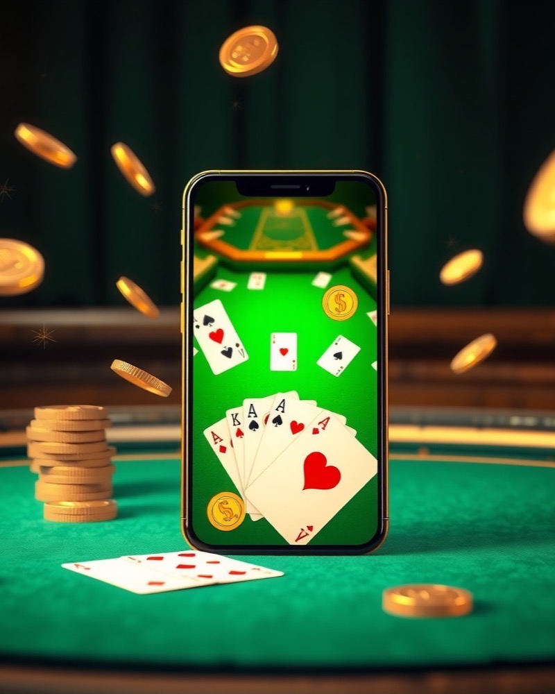 Smartphone on a card table showing a green rummy game ready after installation