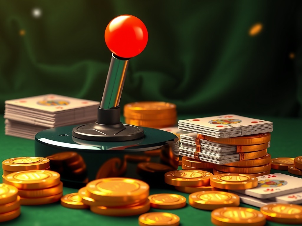 Arcade joystick and glowing buttons beside a stack of playing cards on felt