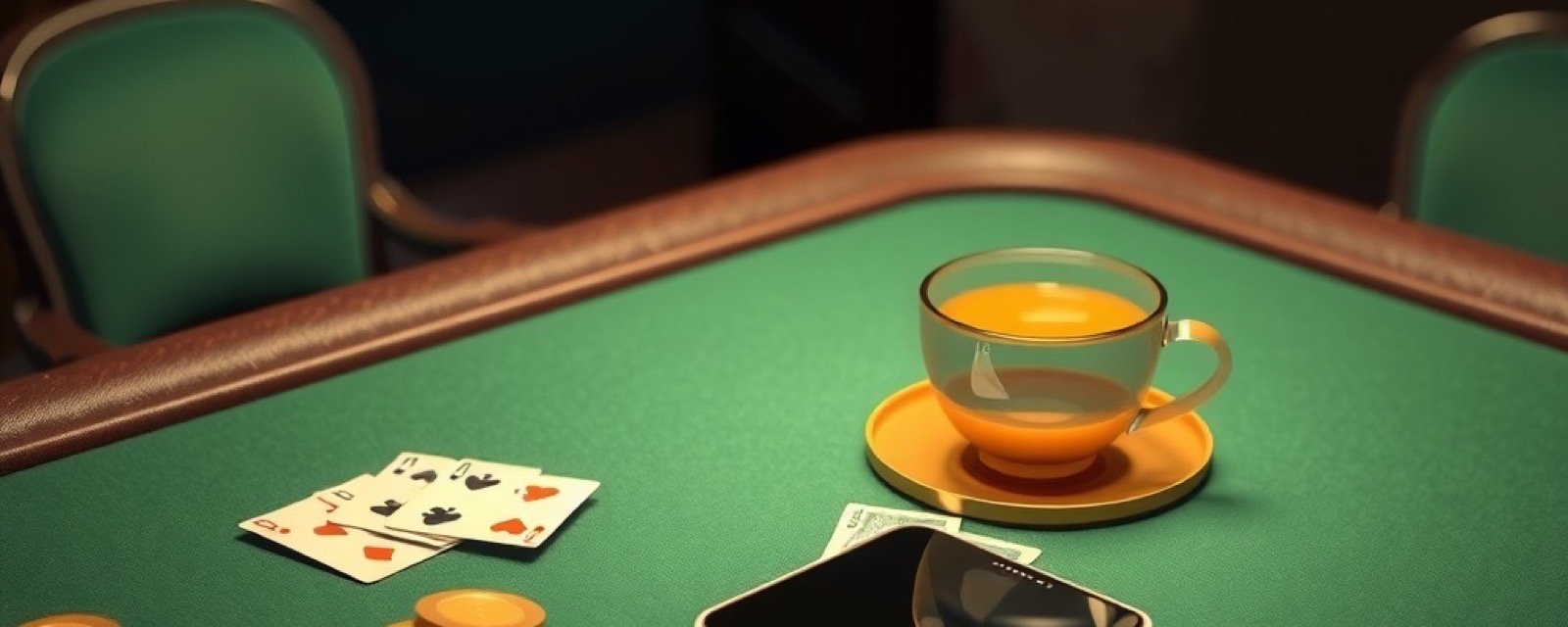 Calm card room with a tidy hand of cards, a cup of chai and a phone on the felt
