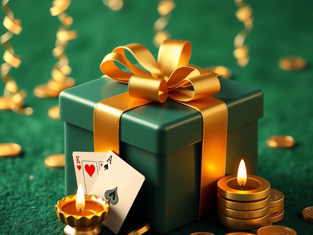 Festive gift box, diya lamps and playing cards marking Diwa Rummy seasonal events