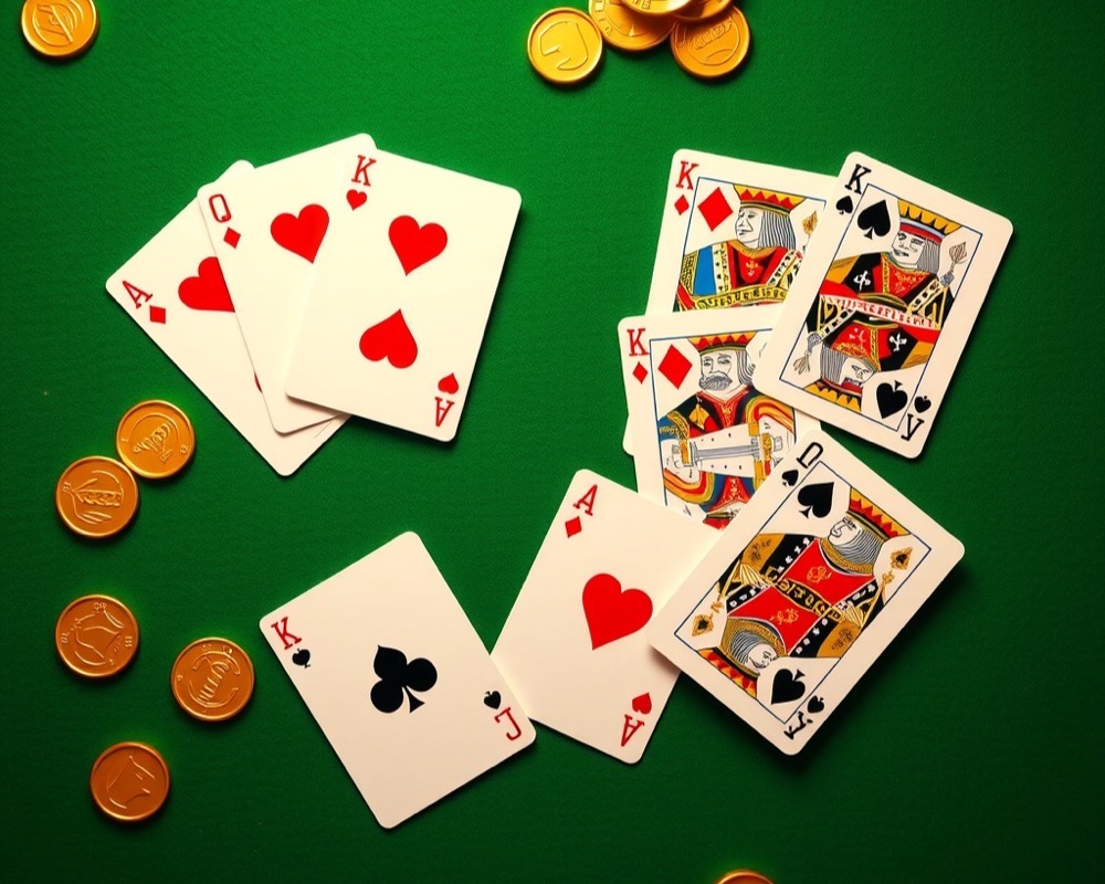 Rummy sets and sequences laid out in neat card groups on a green felt table