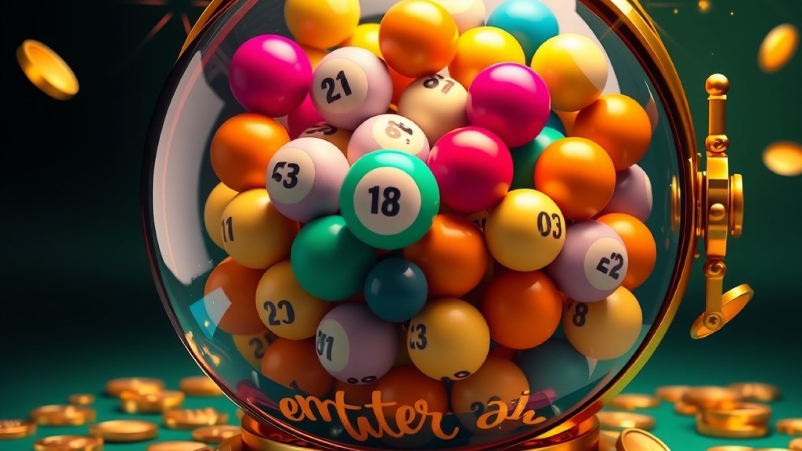 Diwa Rummy lottery guide with glass lottery drum full of shiny coloured balls with gold coins around