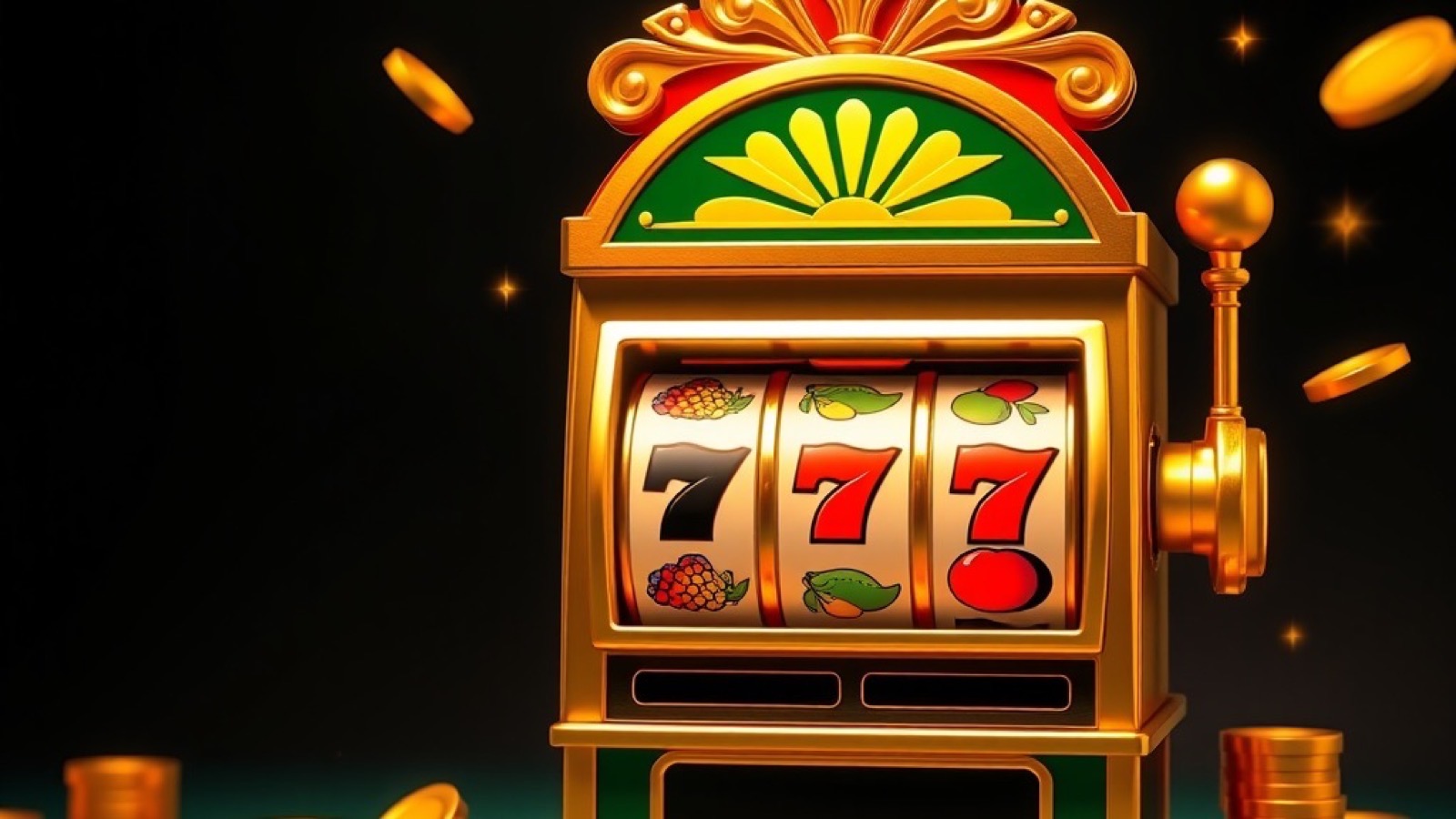 Diwa Rummy slot games guide with golden slot machine with fruit symbols on the reels and coins pouring out