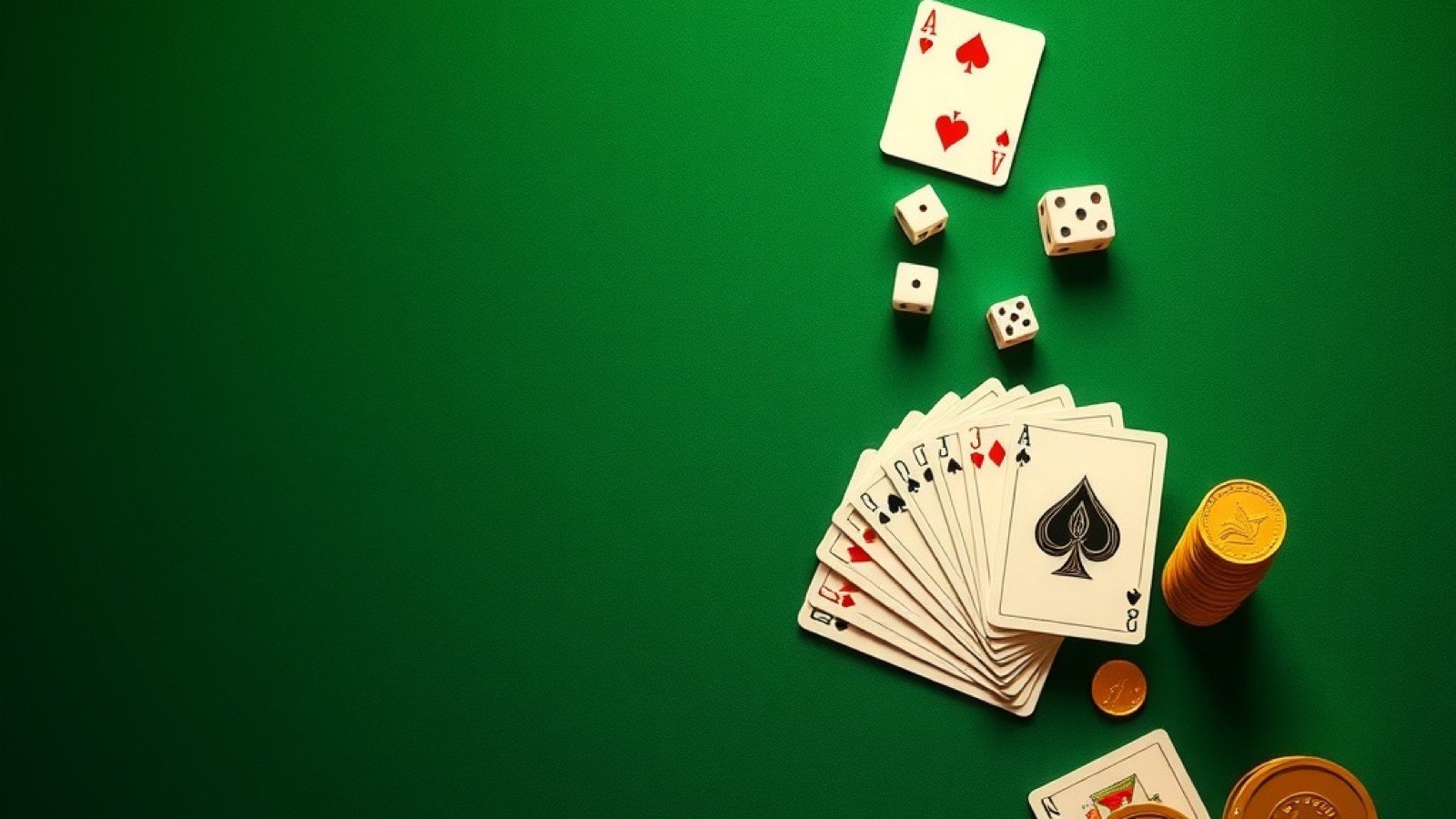 Diwa Rummy table games guide with green felt card table seen from above with a fan of playing cards, dice and chip stacks